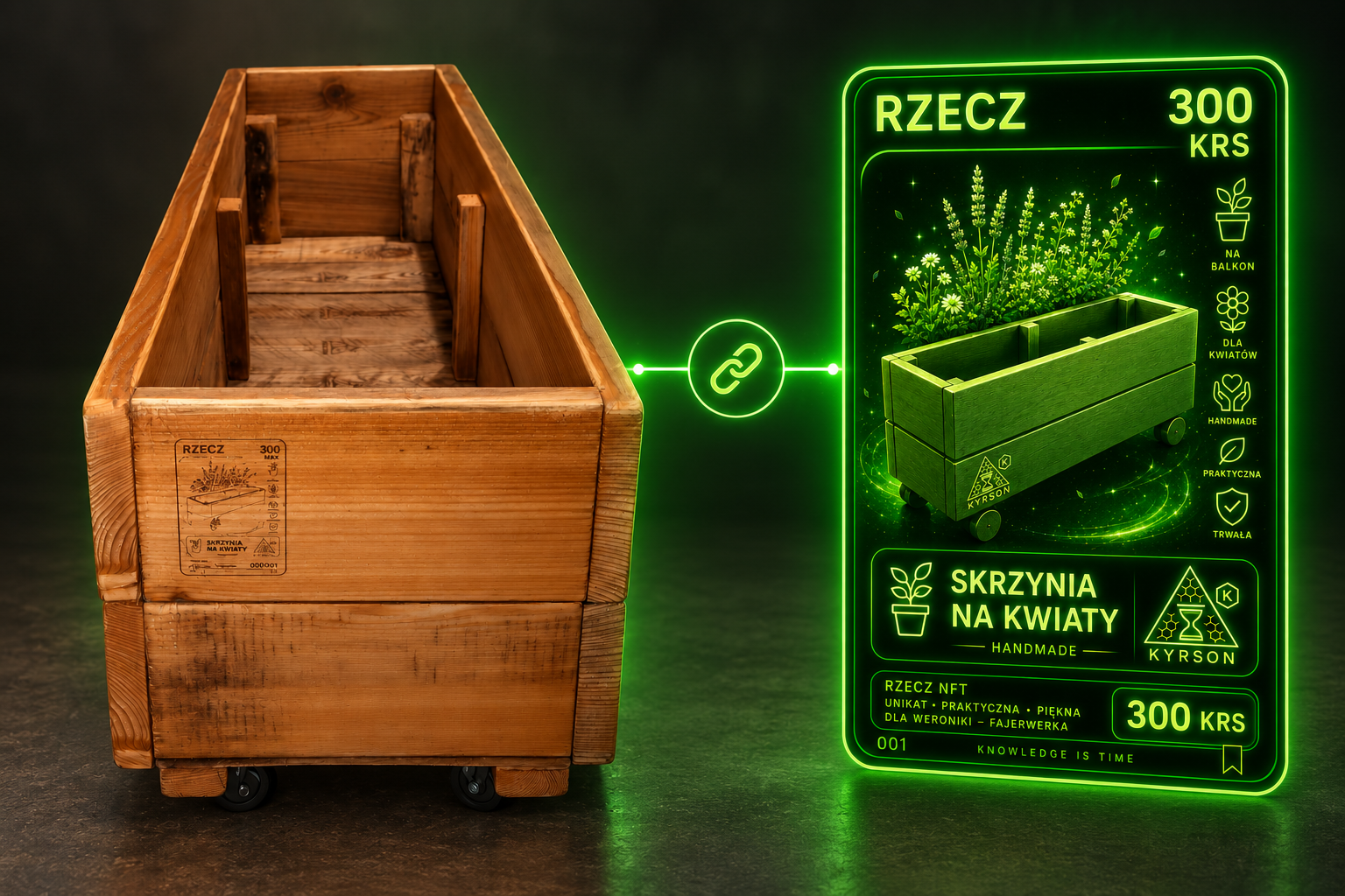 Fizyczna skrzynia na kwiaty połączona z odpowiadającym jej NFT